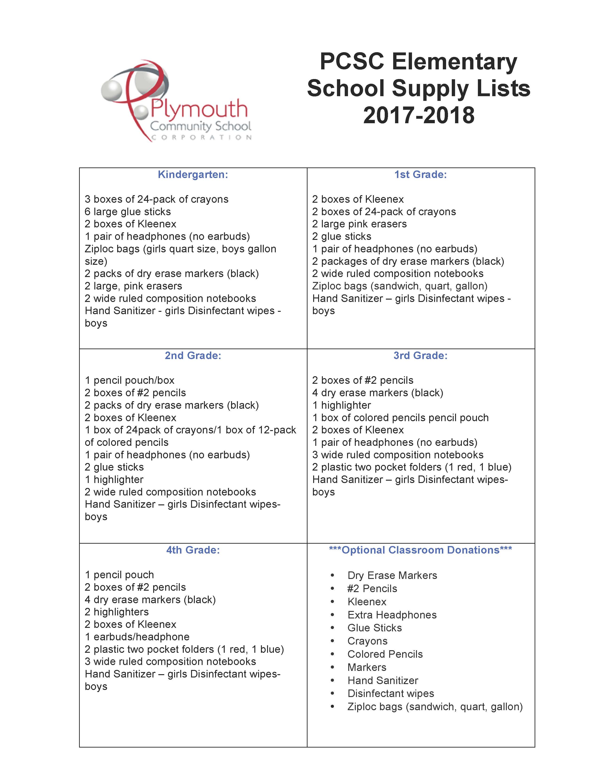 PCSC Elementary School Supply Lists 2017-2018