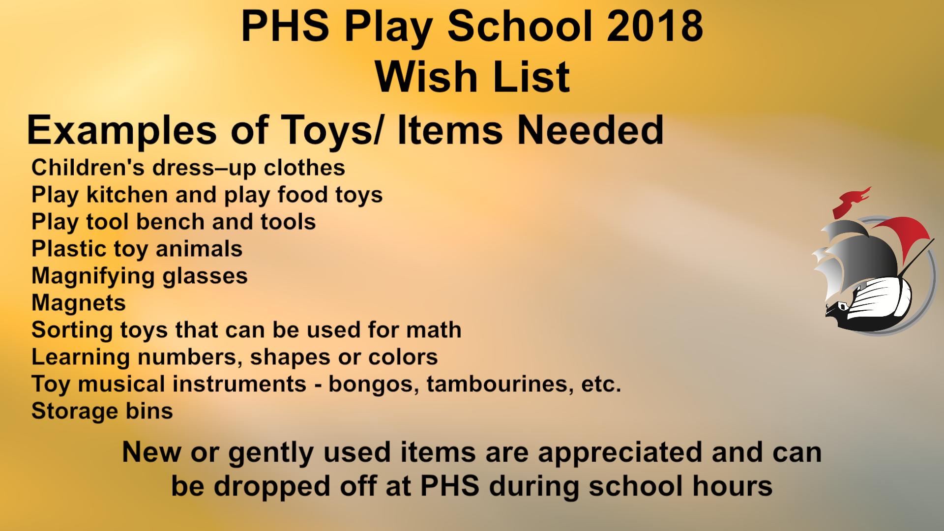 Play School starting and toy donations are requested.