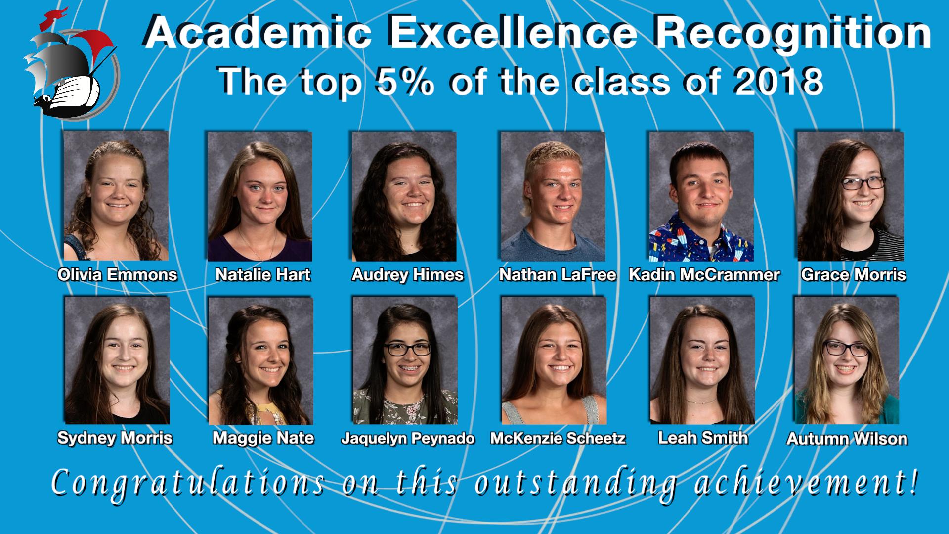 Academic Excellence Recognition-the top 5% of the class of 2018. Olivia Emmons, Natalie Hart, Audrey Himes, Nathan LaFree, Kadin McCrammer, Grace Morris, Sydney Morris, Maggie Nate, Jaquelyn Peynado, McKenzie Scheetz, Leah Smith, Autumn Wilson. Congratulations on this outstanding achievement!