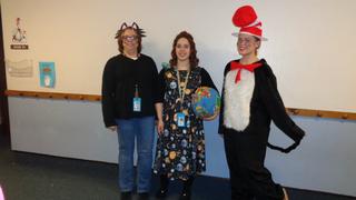 Webster staff dressed as Bad Kitty, Miss Frizzle, and Dr. Seuss.