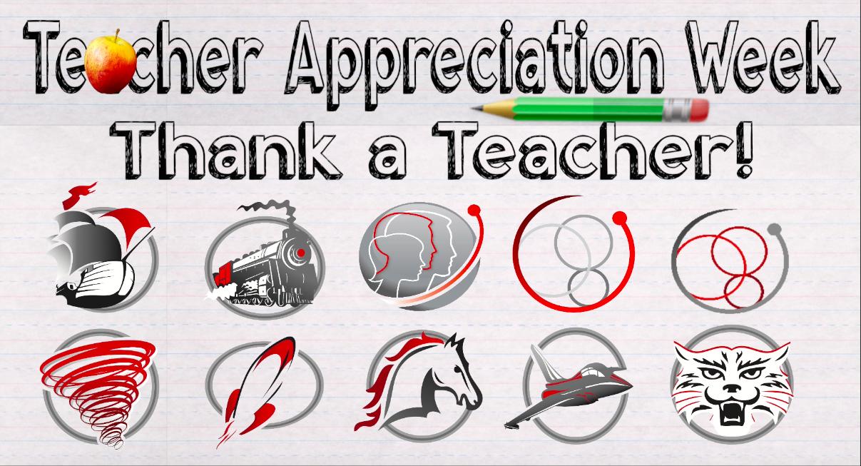 Teacher Appreciation Week Thank a Teacher! with PHS, Webster, WSOI, Innovation Acadamies, LJH, Riverside, Menominee, Jefferson, and Washington Discovery Academy logos