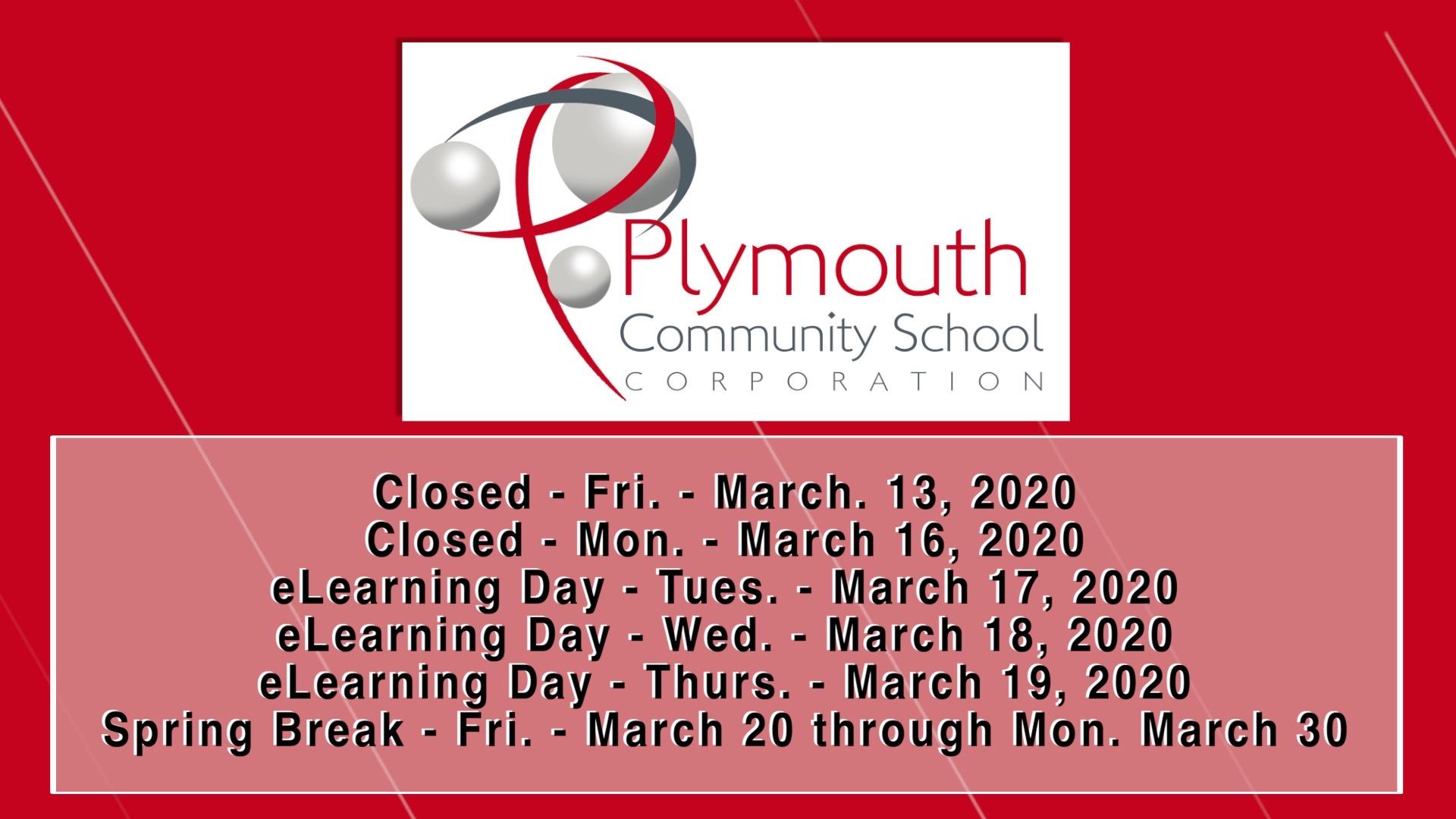 Closed-PCSC logo-Friday, March 13, 2020 and Monday, March 16, 2020-eLearning days Tuesday, March 17, Wednesday, March 18, Thursday, March 19, Spring Break Friday, March 20 through Monday, March 30