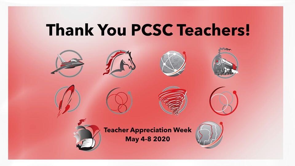 Thank you PCSC Teachers! Teacher Appreciation Week May 4-8, 2020 on red background with school logos