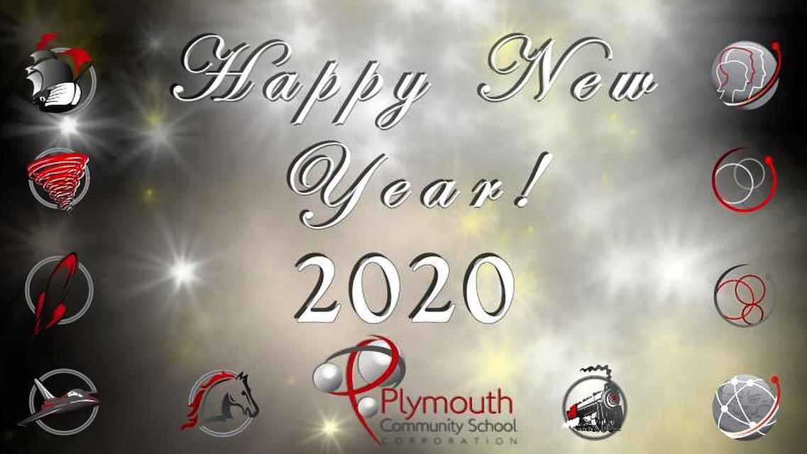 Happy New Year! 2020 Plymouth Community School Corporation logo with all the school logos around the edges
