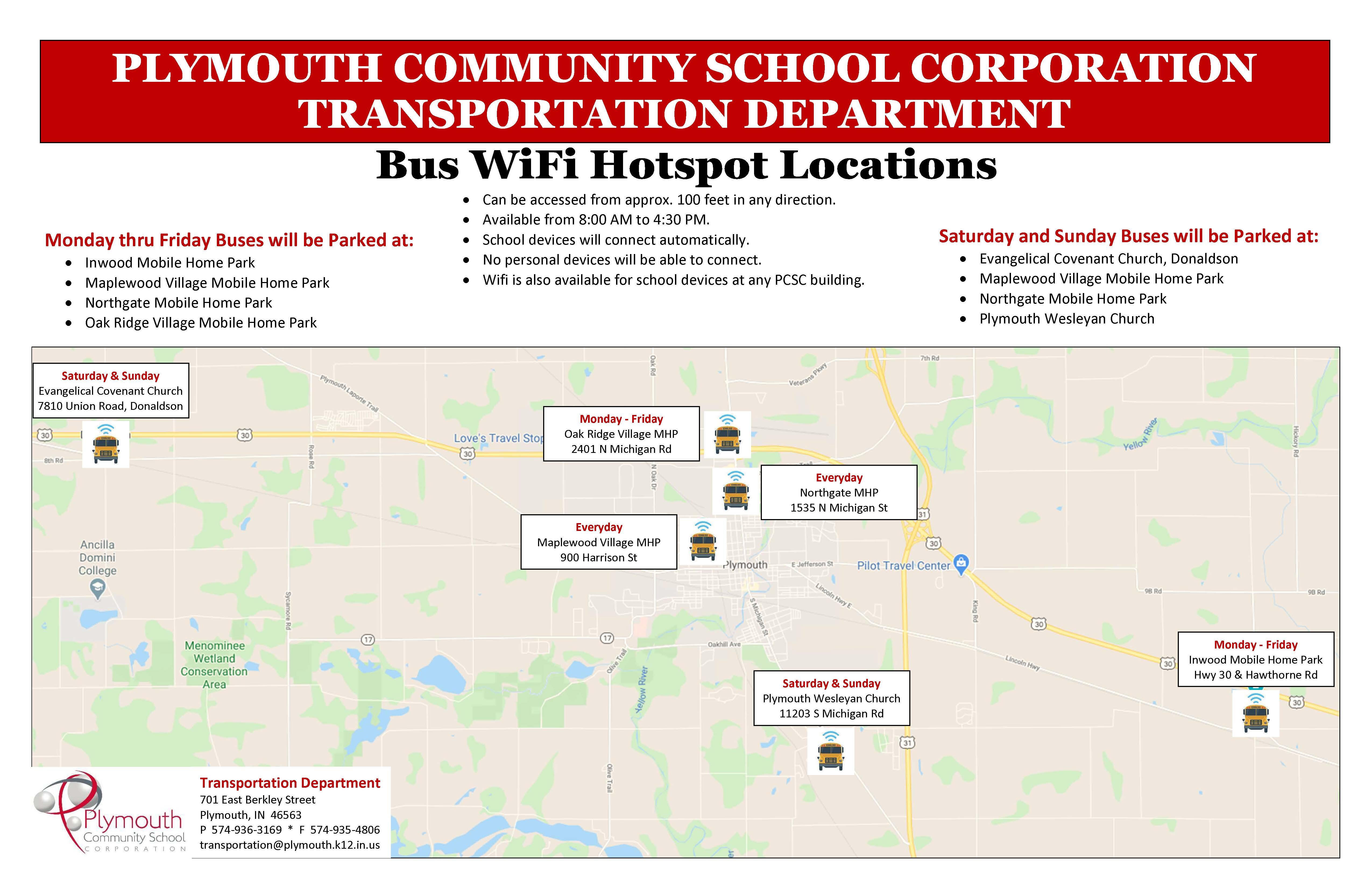 Plymouth Community School Corporation Transportation Department Bus WiFi Hotspot Locations