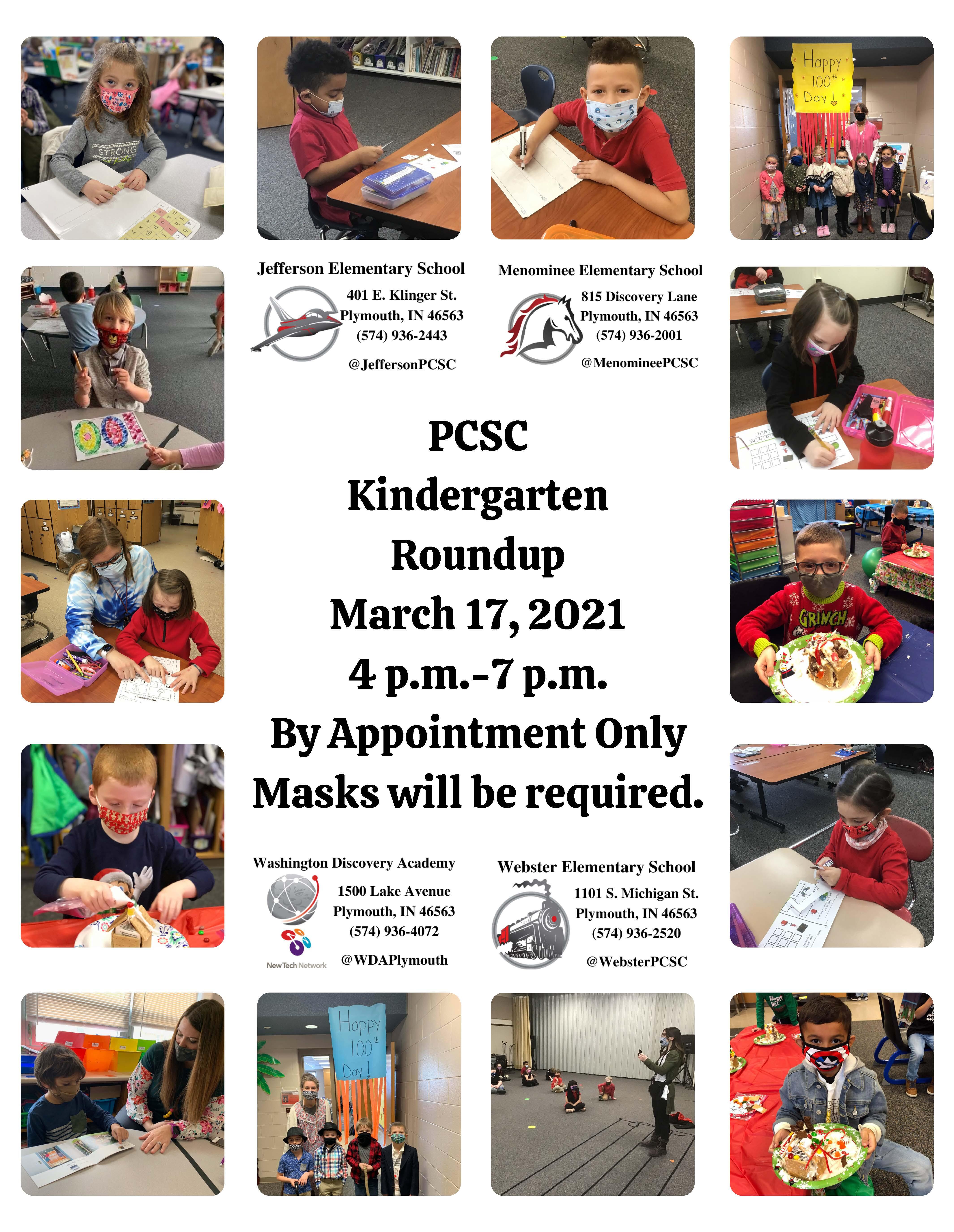 PCSC Kindergarten Roundup-March 17, 2021-4 p.m.-7 p.m.-By Appointment Only-Masks will be required. with photos and elementary school logos