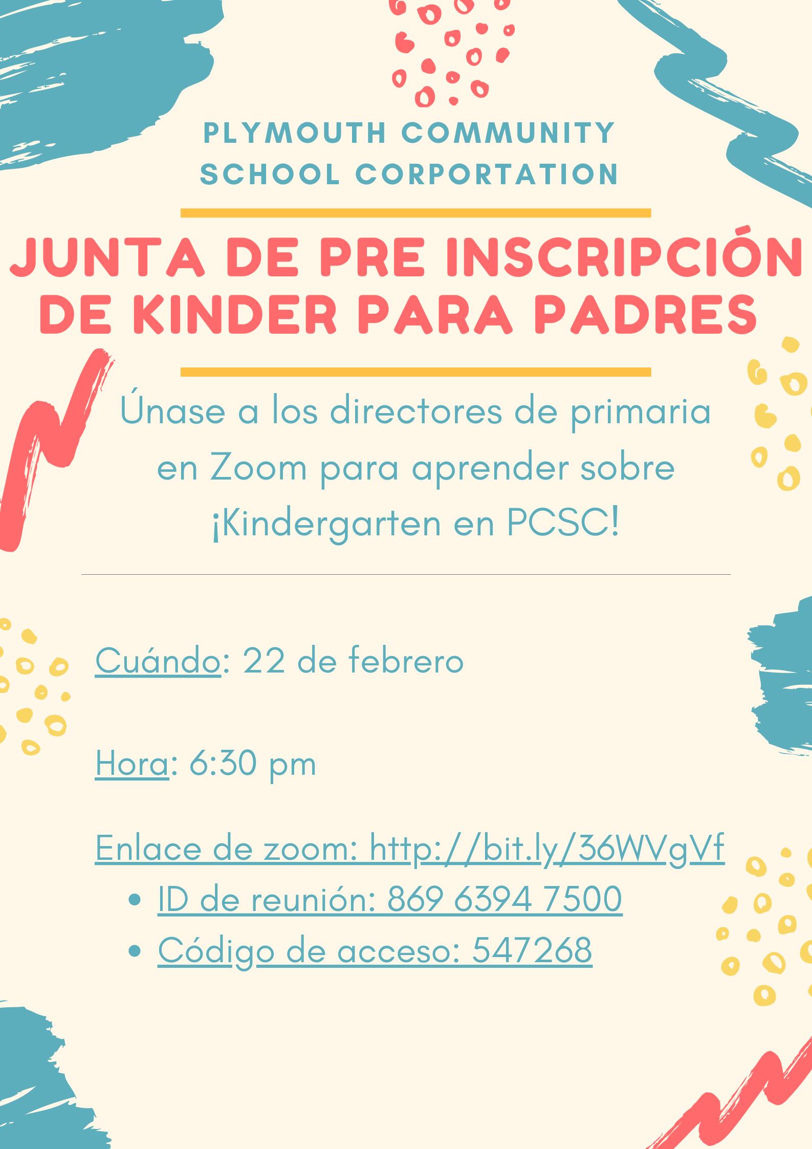  ¡Únase a nosotros en Zoom para una reunión informativa sobre PCSC Kindergarten el próximo año escolar!