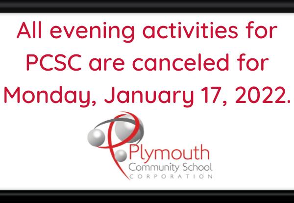 All evening activities for PCSC are canceled for Monday, January 17, 2022. with PCSC logo