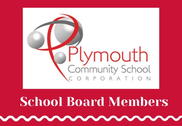 Plymouth Community School Corporation Logo with School Board Members on red background