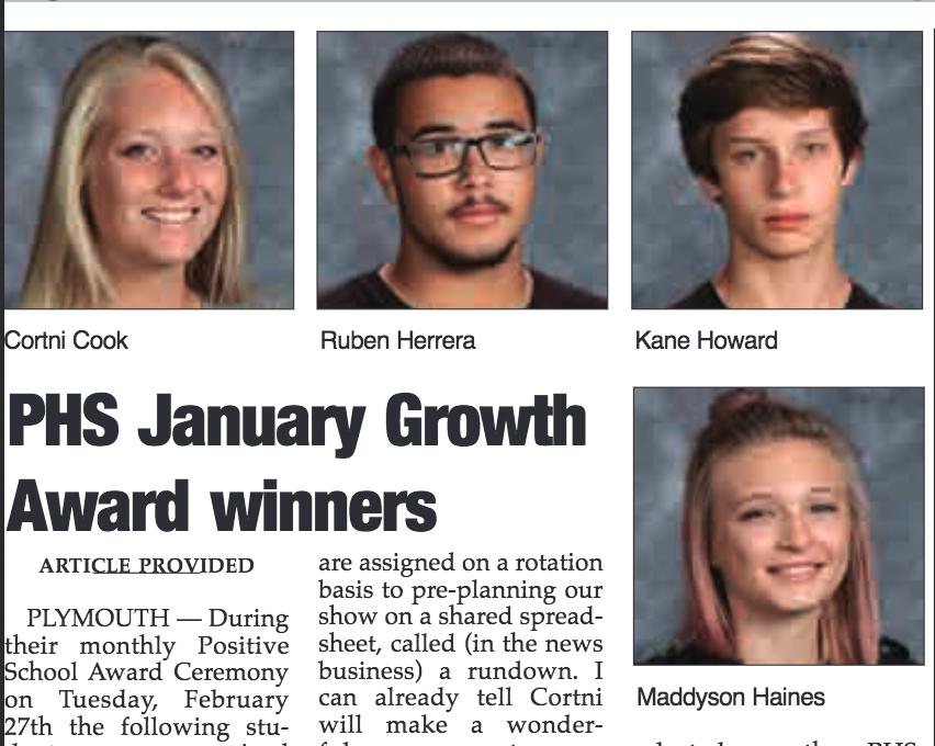 Pilot News article screenshot of PHS January Growth Award winners During their monthly Positive School Award Ceremony on Tuesday, February 27th the following students were recognized for showing growth in the areas of academics, attendance, or timely arrivals to class. 