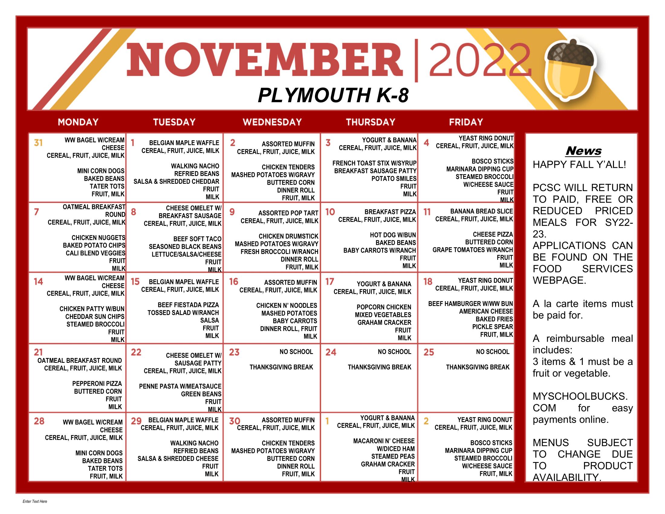 Plymouth K-6 Menu - November 2022
