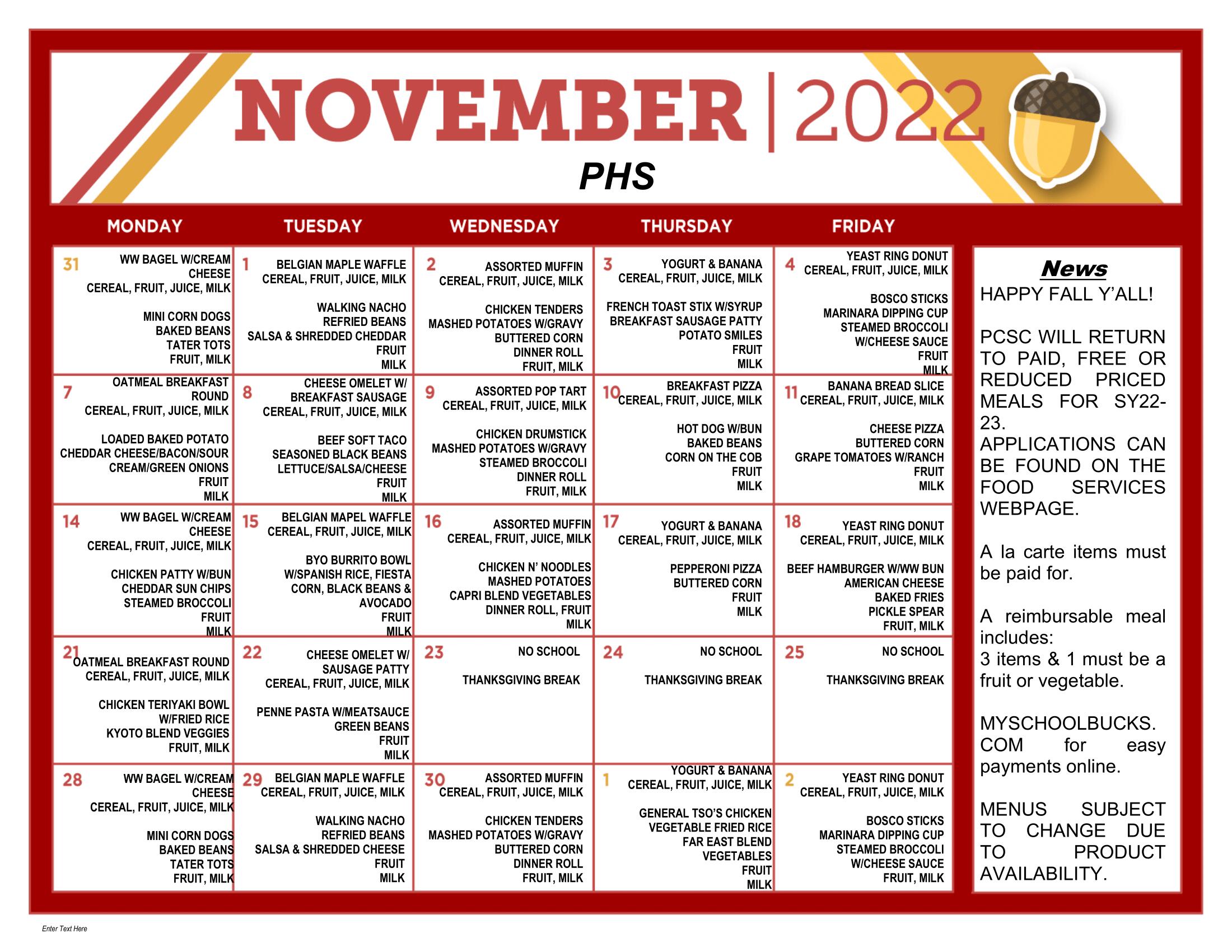 Plymouth High School Menu - November 2022