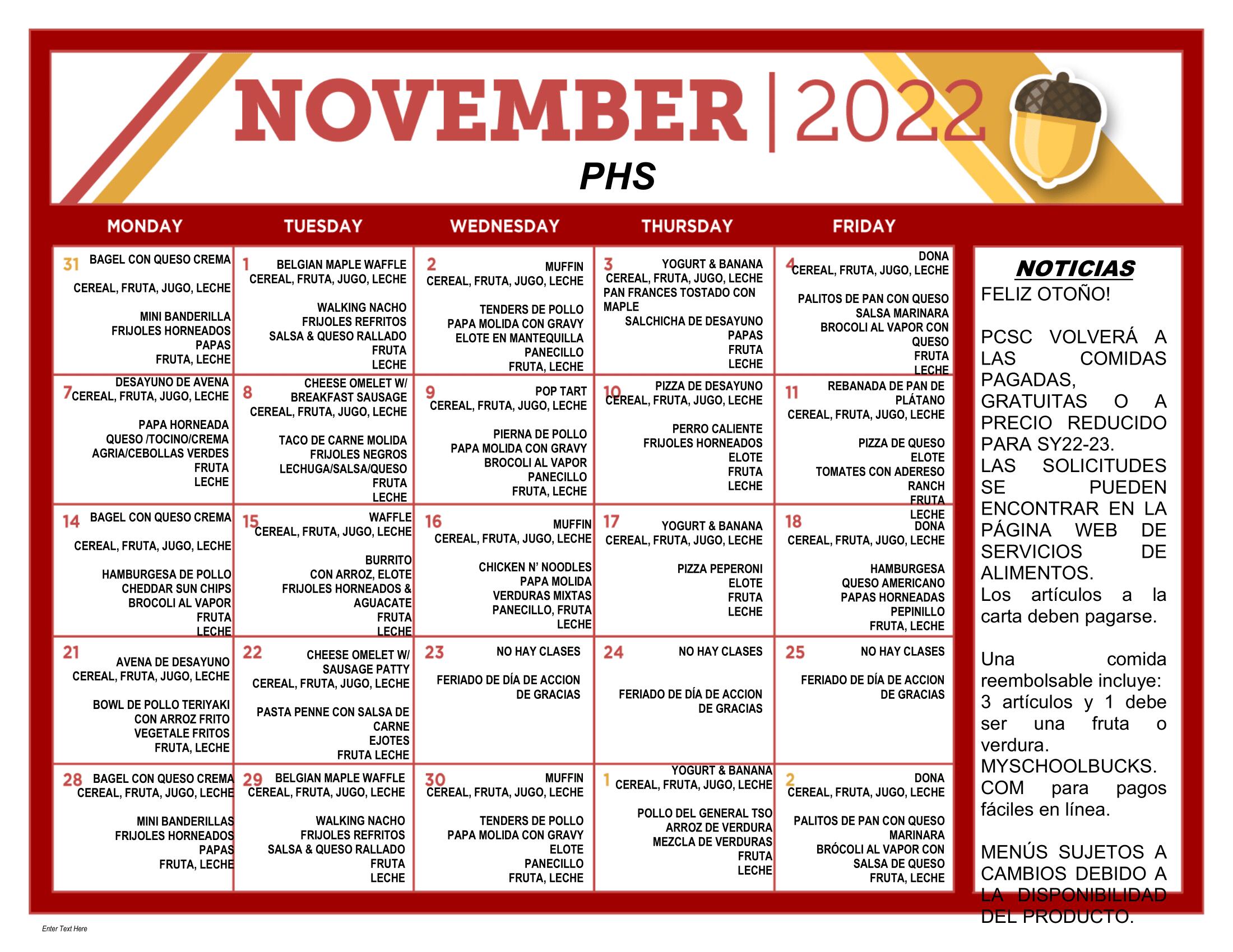 Plymouth High School Menu (Spanish) - November 2022