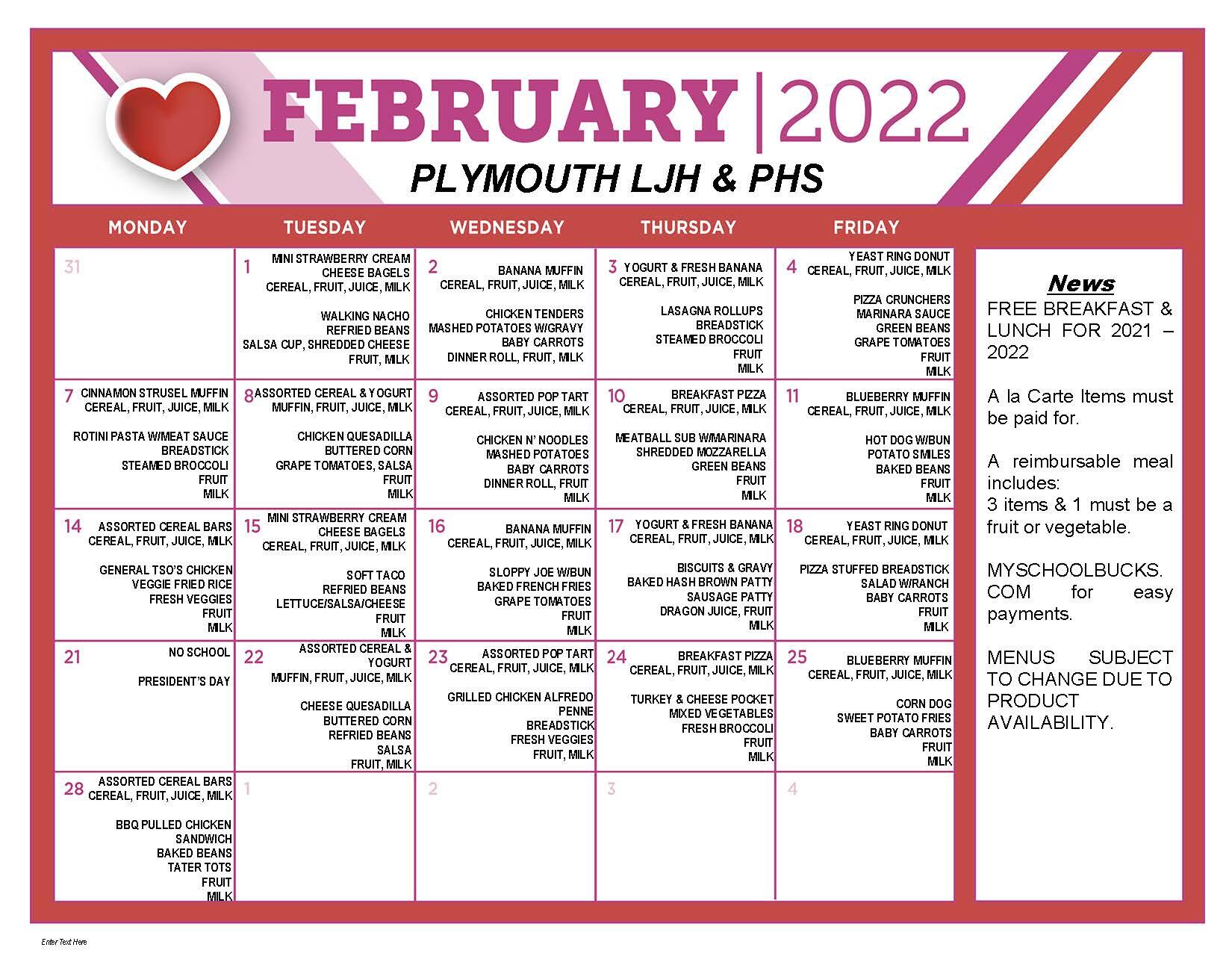 February 2022 LJH and PHS Menu with heart image