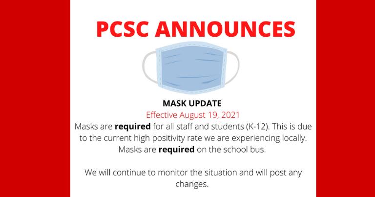 PCSC Announces Mask Information - mask update- masks are required effective August 19 2021