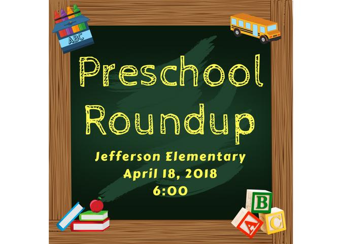 Preschool Roundup  April 18, 2018 at 6:00 p.m.-green chalkboard with books, crayons, blocks, and bus image