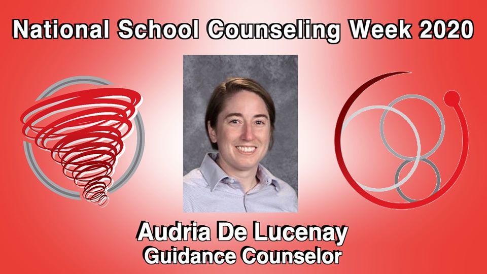 National School Counseling Week 2020 Audria De Lucenay Guidance Counselor with photo of Audria and LJH Logos