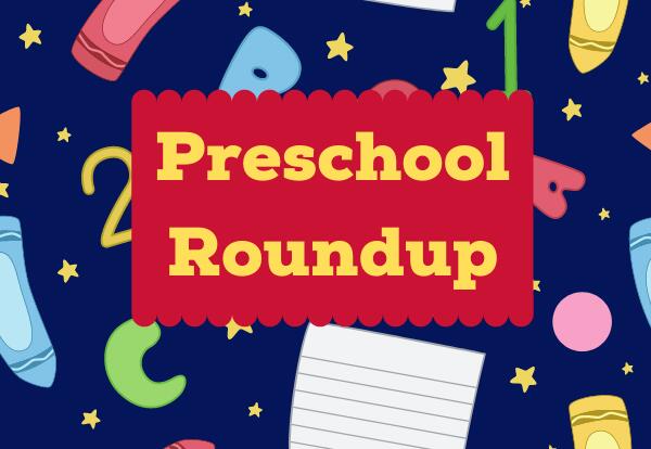 Preschool Roundup on red rectangle on dark blue background with school images