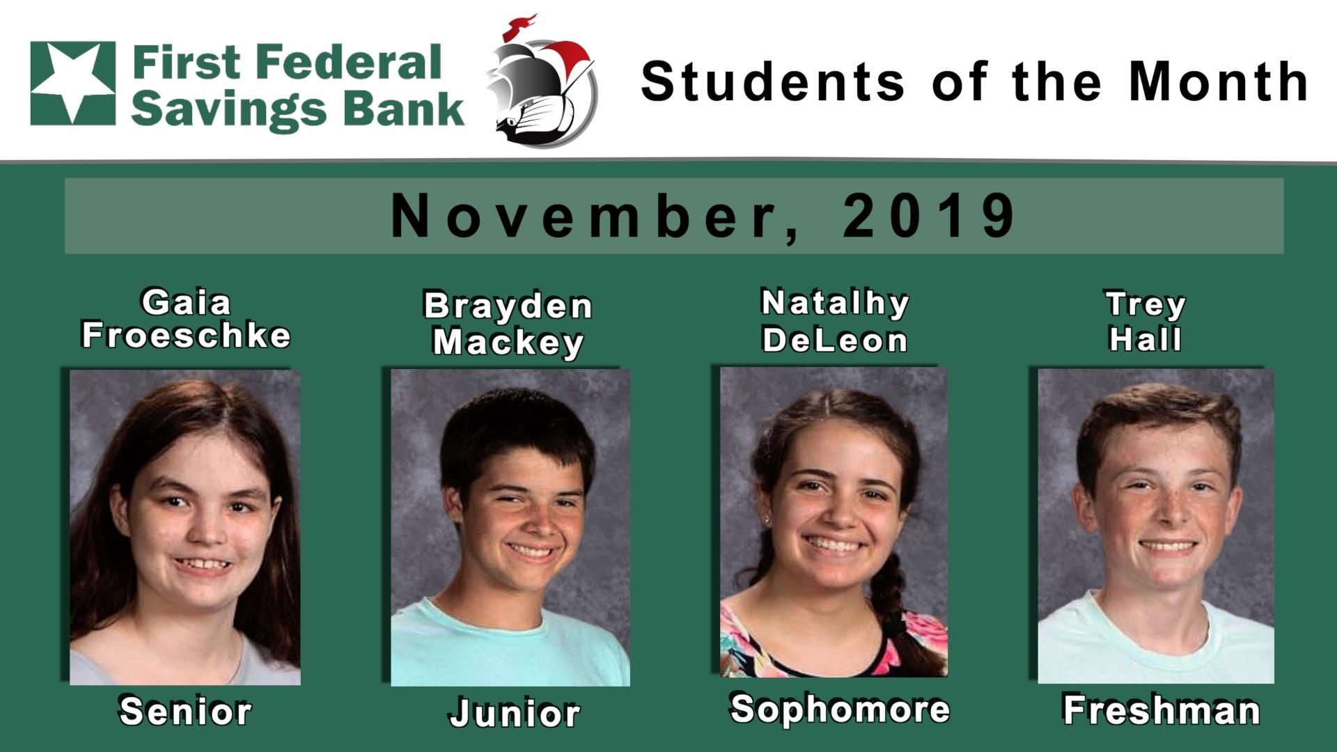First Federal Savings Bank- Students of the Month with clip art images of First Federal & PHS logo with student pictures