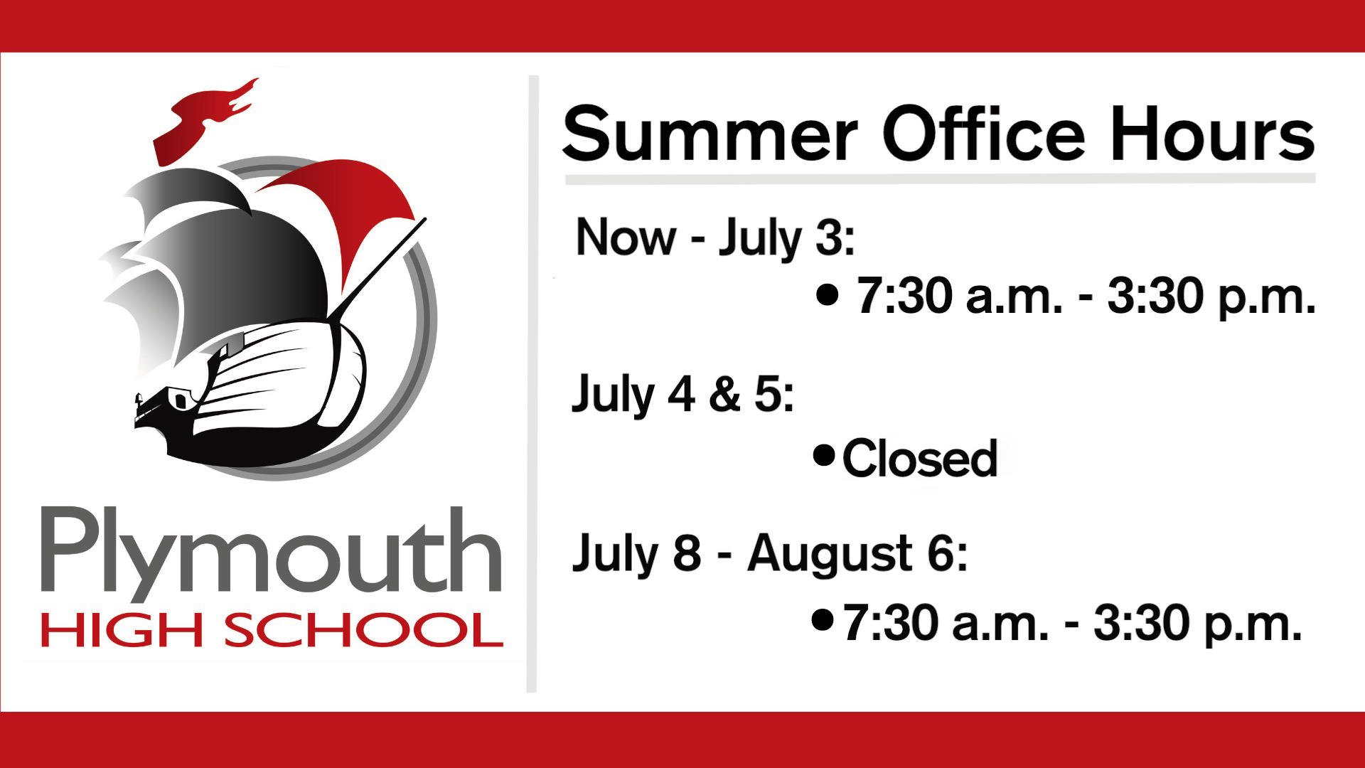 PHS Ship Logo - SUMMER OFFICE HOURS:  June 5th - July 3rd 7:30 am - 3:30 pm  July 4th & 5th Office Closed  July 8th - Aug. 6th 7:30am - 3:30pm