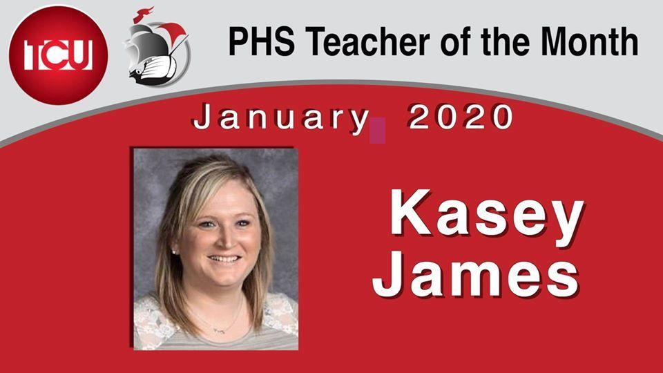 PHS Teacher of the Month-January 2020-Kasey James photo and TCU logo