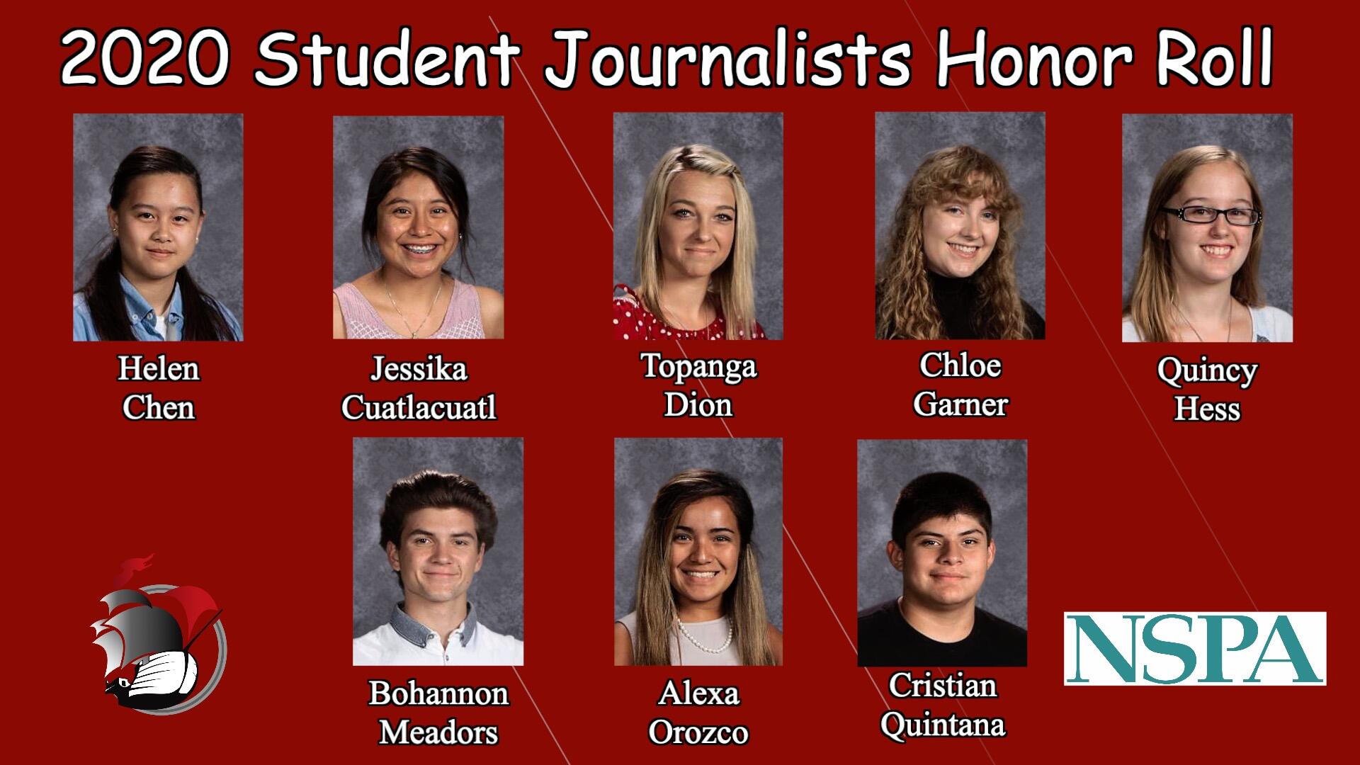 2020 Student Journalists Honor Roll-photos of students with PHS ship logo and NSPA Logo