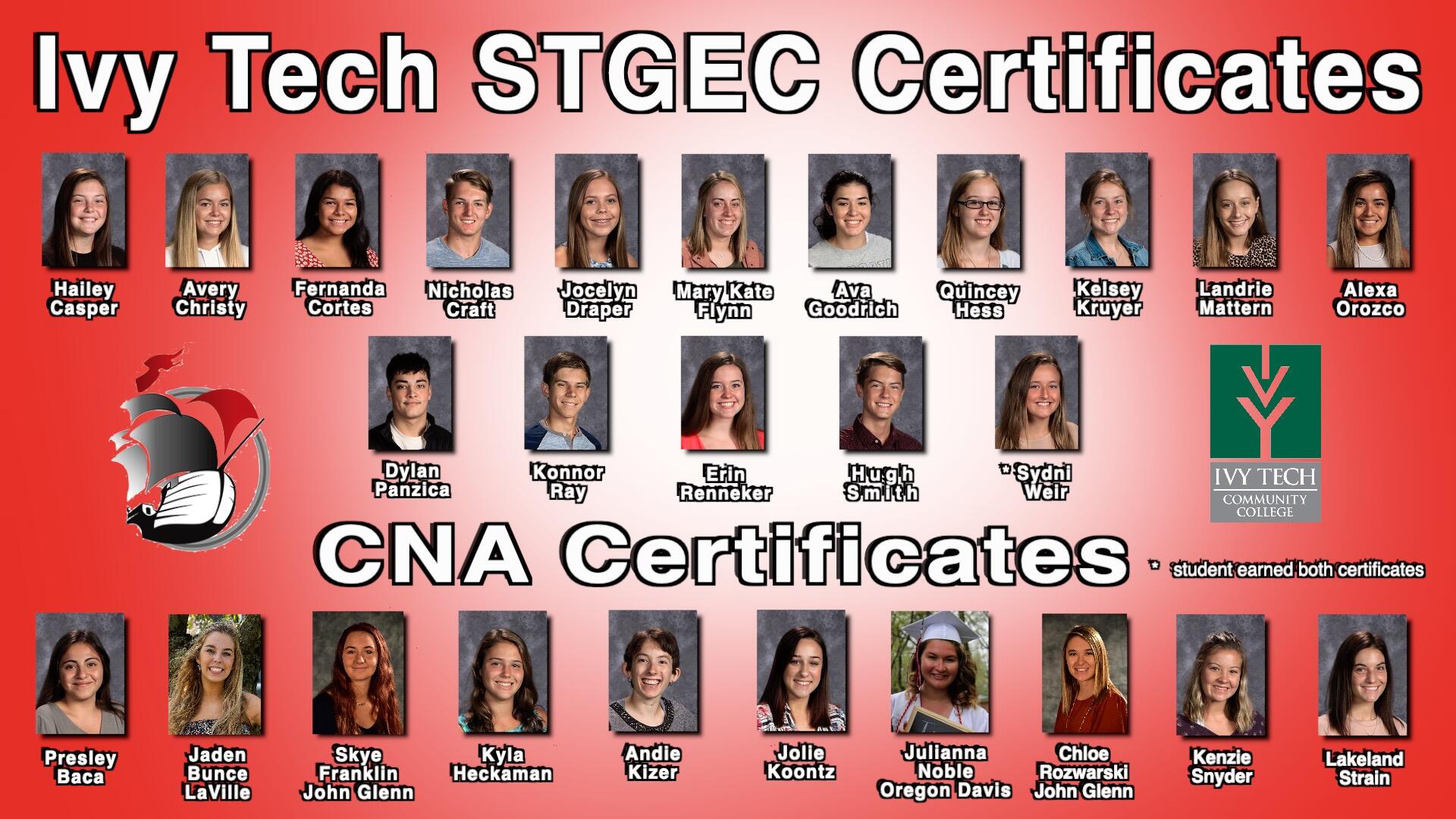 Ivy Tech STGEC certificates with photos of students receiving certificates-CNA certificates and photos of students receiving certificates- PHS ship logo and Ivy Tech logo