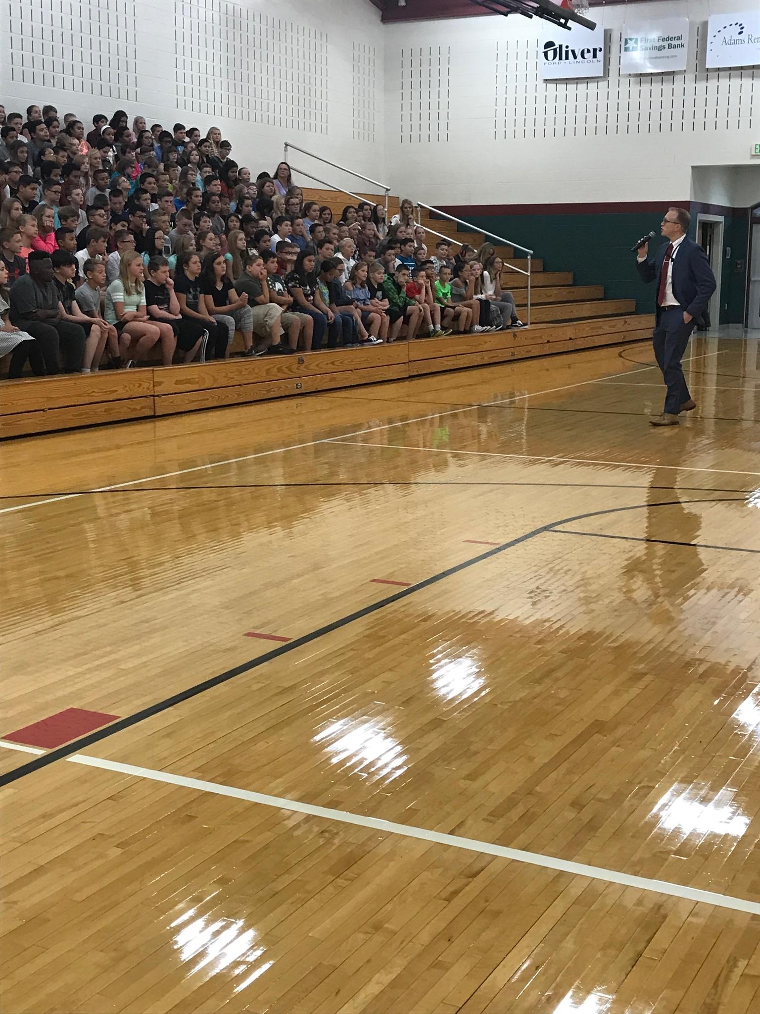  Principal Kyle Coffman leads our Riverside Rockets with a back to school meeting on the first day of the 2018-2019 school year. 