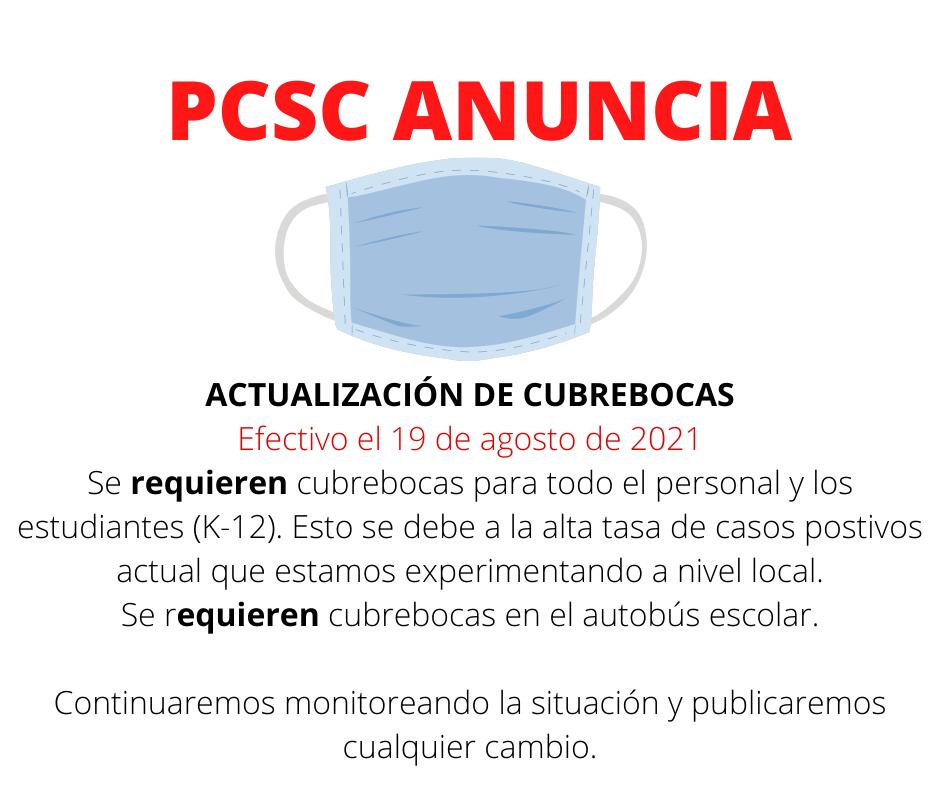 PCSC Masks are Required in Spanish - Actualizacion de cubrebocas