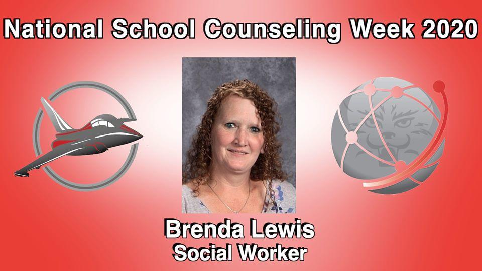 National School Counseling Week 2020 Brenda Lewis Social Worker with photo and logos of Jefferson Jet and WDA Wildcat 